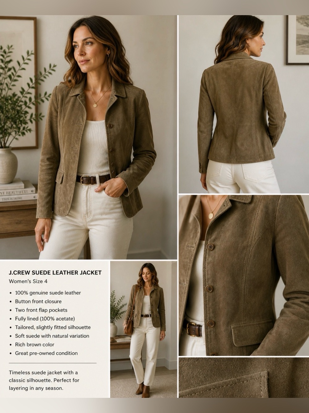J.Crew Suede Leather Jacket Women’s 4 Brown Button Front Blazer Western Boho